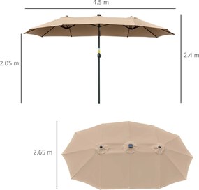 Ombrellone Doppio con Luci LED Ø4,5 m Palo Ø48 mm in Poliestere e Acciaio Cachi...