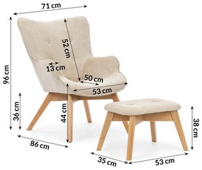 Poltrona con poggiapiedi beige con rivestimento in velluto a coste Niko – Ropez