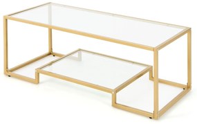 Costway Tavolino da salotto a 2 livelli con telaio in metallo, Tavolino rettangolare in vetro temperato da soggiorno Oro