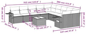 Set divani da giardino 11 pz con cuscini in polyrattan grigio