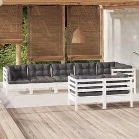 Set divani da giardino 8 pz con cuscini bianchi legno di pino