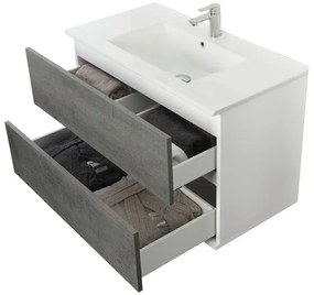 Mobile Bagno sospeso 90 cm colore cemento con 2 cassetti lavabo e specchio