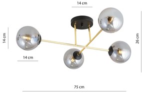 Plafoniera Moderna Magnium 4 Luci In Acciao Oro E Sfere In Vetro Fumè