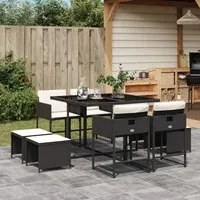 Set da Pranzo da Giardino 9 pz con Cuscini Nero in Polyrattan 3278081