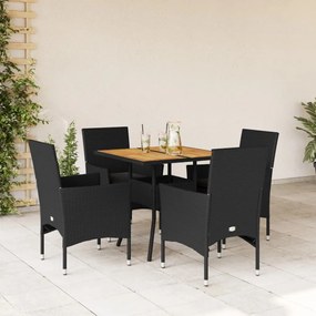 Set pranzo da giardino 5 pz con cuscini nero polyrattan acacia