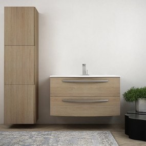 Mobile bagno Rovere tabacco 100 cm sospeso bombato modello Berlino con colonna da 170 cm