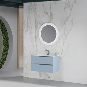 Mobile Bagno Sospeso 100 Cm Due Cassetti Specchio Con Illuminazione Led Diametro 75 Cm Cm Savini Due "Oikos" Blu Pastello Opaco
