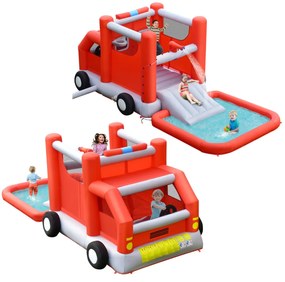 Costway Scivolo d'acqua per bambini a tema camion dei pompieri con piscina, Castello gonfiabile con pallone da basket