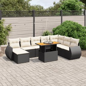 Set Divani da Giardino 9 pz con Cuscini Nero in Polyrattan