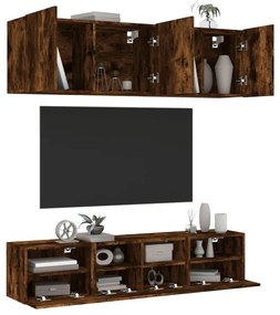 Mobili Tv A Muro 5pz Rovere Fumo İn Legno Multistrato /