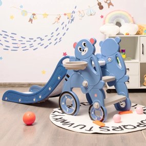 Costway Scivolo 3 in 1 per bambini con canestro e anelli per interno, Scivolo pieghevole a forma di orsetto Blu