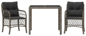 Set da bistrò 3 pz con cuscini grigio in polyrattan