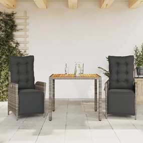 Set Da Pranzo Da Giardino 3 Pz Con Cuscini İn Polyrattan Grigio /