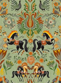 Mindthegap Carta da parati The Folk Parade - Black/ Green/ Taupe/ Red/ Yellow