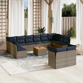 Set divani da giardino 13 pz con cuscini grigio in polyrattan