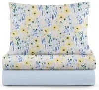 Completo letto 1 piazza e mezza azzurro fiori gialli cotone