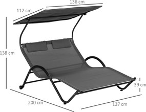 Lettino Prendisole 2 Posti da Giardino 200x137x138 cm con Tetto Parasole in Acciaio Grigio...