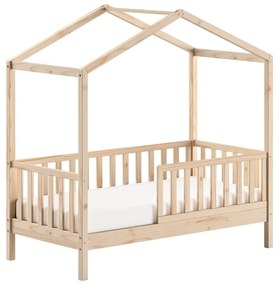Letto da bambini a forma di casa di colore naturale in pino massiccio con rete inclusa 70x140 cm DALLAS – Vipack