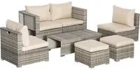 Set Salotto da Giardino Divano 2 Poltrone Tavolino e 2 Poggiapiedi in Rattan Beige e Grigio