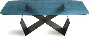 Tavolo fisso 210 cm KARL con base metallo Nero e piano vetro martellato Blu