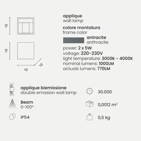 Applique in alluminio per esterni 10x10 cm Antracite con alette regolabili CUBE