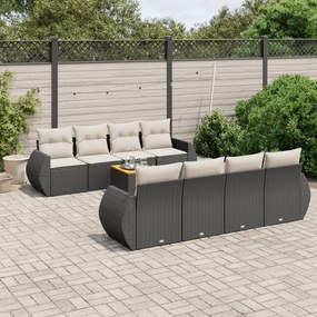 Set divani da giardino 9 pz con cuscini nero in polyrattan