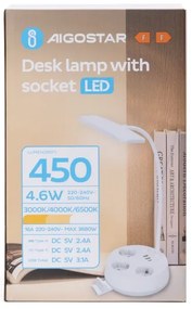 Aigostar - Lampada da tavolo dimmerabile a LED con prese elettriche integrate e porta USB LED/4,6W/230V bianca
