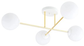 Plafoniera Moderna Magnium 4 Luci In Acciao Oro E Sfere In Vetro Bianco