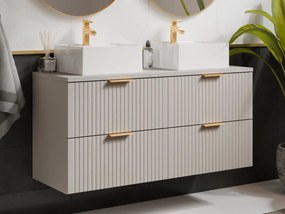 Mobile per bagno sospeso con scanalature e lavabo doppio da appoggio quadrato L120 cm Beige - ZEVARA