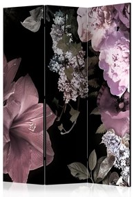 Paravento design Fiori del passato (3 parti) - fiori e foglie colorati nel nero
