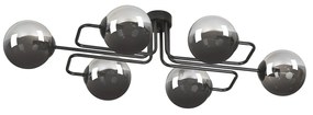 Plafoniera 6 Luci Brandi In Acciaio Nero E Sfere In Vetro Fumè