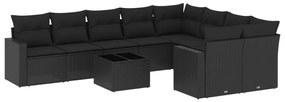 Set divani da giardino 10pz con cuscini in polyrattan nero