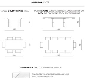 Tavolo allungabile a 260 cm con struttura in laminato PARIDE BIANCO FRASSINO