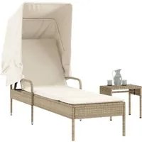 Lettino Prendisole con Baldacchino e Tavolino Beige Polyrattan 368201