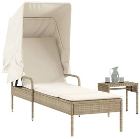 Lettino Prendisole Con Baldacchino E Tavolino Beige Polyrattan /