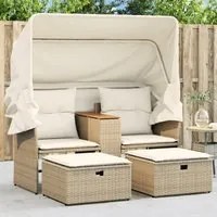 Divano Giardino 2 Posti Baldacchino e Sgabelli Beige Polyrattan 365802