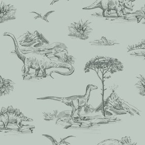 Carta da parati Dinosauri verde grigiastro, 53 cm x 10.05 m