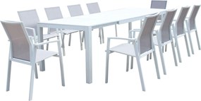 ALASKA - set tavolo in alluminio cm 214/280 x 100 x 75,5 h con 10 poltrone Lotus