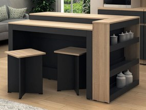 Set Isola centrale da cucina + 2 sgabelli Nero e naturale chiaro - NUSICE
