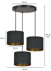 Lampadario Tondo 3 Luci Ganesha In Acciaio Nero E Paralumi In Tessuto Nero