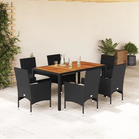 Set pranzo da giardino 7 pz nero con cuscini polyrattan acacia