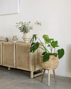 Kave Home - Credenza Rexit 4 ante in legno massello e impiallacciatura mindi con rattan 180 x 78 cm