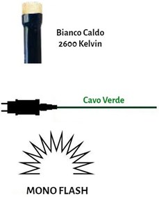 Catenaria Natalizia LED 33m MONOFLASH Cavo VERDE IP44 Colore Bianco Caldo 2600 °K