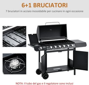 Barbecue a Gas GPL 7 Fuochi 135x50x100 cm con Fornello Laterale Nero...