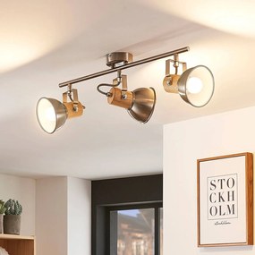 Plafoniera Dennis con legno, 3 luci, lunga Lindby, dimmerabile, Alluminio / Grigio / Zincato, Cucina, Metallo, Moderno, Faretto