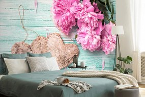 Carta da parati – Peonie e cuori di betulla