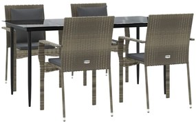 Set da pranzo giardino 5pz nero e grigio con cuscini polyrattan