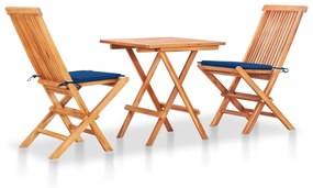 Set da bistrot 3 pz con cuscini blu reale in massello di teak