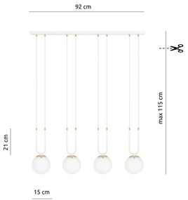 Sospensione Contemporanea 4 Luci Glam Acciaio Bianco Oro E Sfere Vetro Opalino