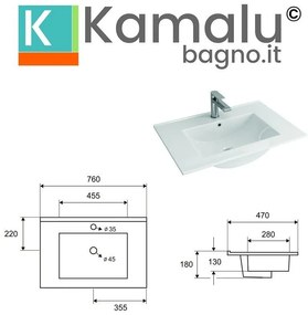 Kamalu - lavabo da incasso 76cm per mobile litos-k7075